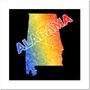 Colorful mandala art map of Alabama with text in blue, yellow, and red Posters and Art